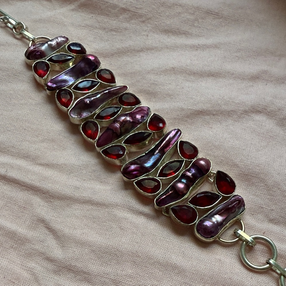 Real Biwa Pearls + Red Topaz Bracelet